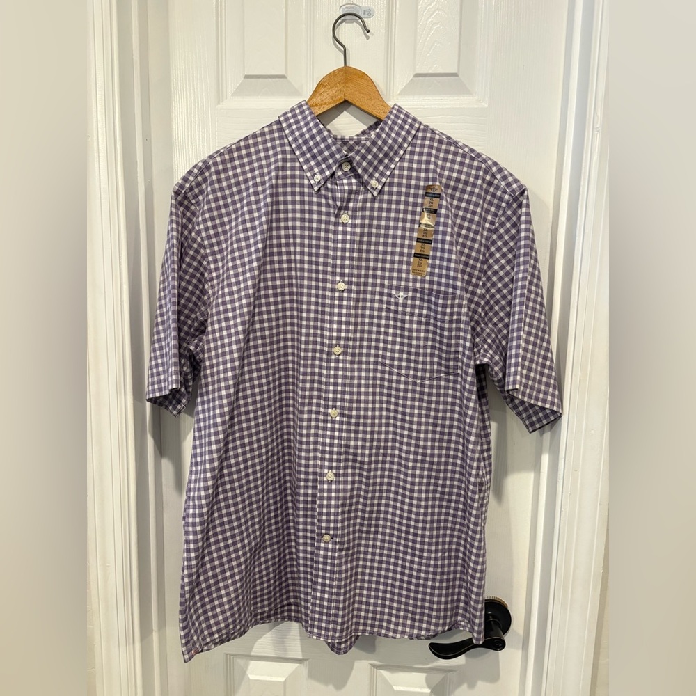 Dockers Men’s Short Sleeve Button Down Shirt – XL – Purple & White Gingham – NWT